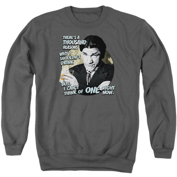 Charcoal men's crewneck sweatshirt with The Three Stooges Drink graphic