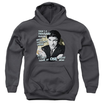 Charcoal youth hoodie for ages 8 to 12 with The Three Stooges Drink graphic
