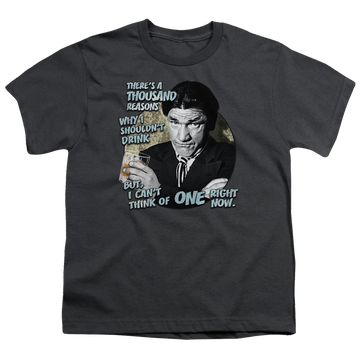 Charcoal youth t-shirt for ages 8 to 12 with The Three Stooges Drink graphic