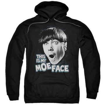 Black pullover hoodie with The Three Stooges Moe Face graphic