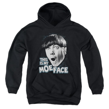 Black youth hoodie for ages 8 to 12 with The Three Stooges Moe Face graphic