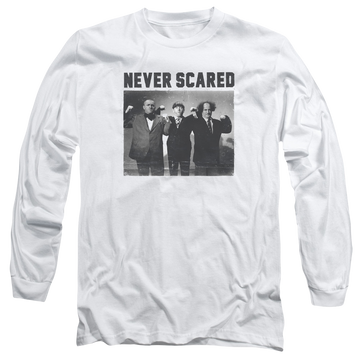 White men's long sleeve t-shirt with The Three Stooges Never Scared graphic