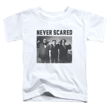 White toddler t-shirt with The Three Stooges Never Scared graphic