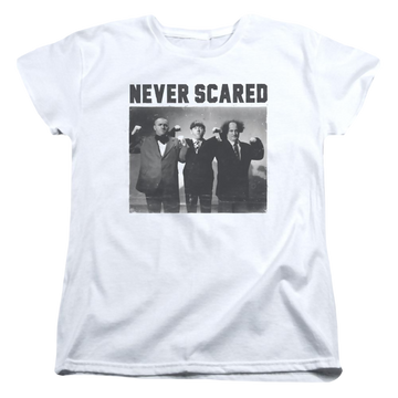 White women's t-shirt with The Three Stooges Never Scared graphic