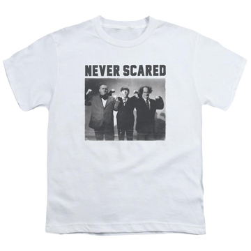 White youth t-shirt for ages 8 to 12 with The Three Stooges Never Scared graphic