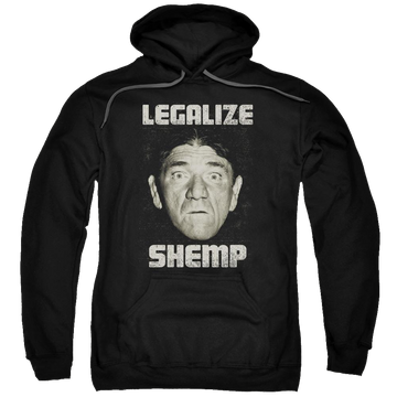 Black pullover hoodie with The Three Stooges Legalize Shemp graphic