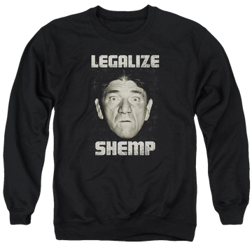 Black men's crewneck sweatshirt with The Three Stooges Legalize Shemp graphic