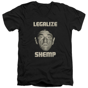 Black men's v-neck t-shirt with The Three Stooges Legalize Shemp graphic