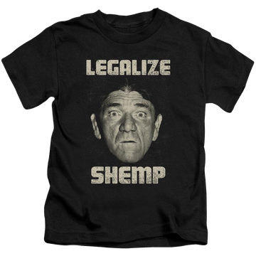 Black kid's t-shirt for ages 4 to 7 with The Three Stooges Legalize Shemp graphic