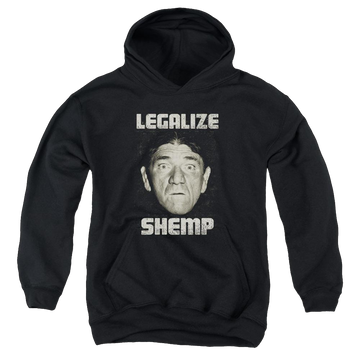 Black youth hoodie for ages 8 to 12 with The Three Stooges Legalize Shemp graphic