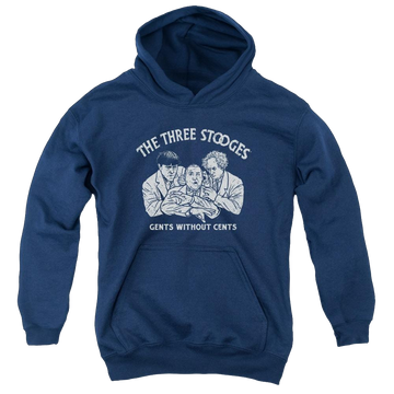 Navy youth hoodie for ages 8 to 12 with The Three Stooges Without Cents graphic