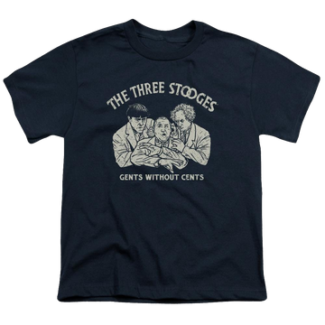 Navy youth t-shirt for ages 8 to 12 with The Three Stooges Without Cents graphic