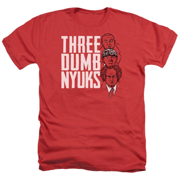 Red men's heather t-shirt with The Three Stooges Three Dumb Nyuks graphic