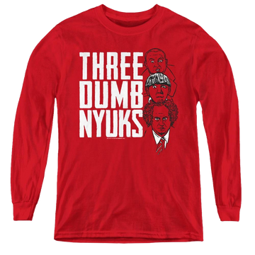 Red youth long sleeve t-shirt with The Three Stooges Three Dumb Nyuks graphic