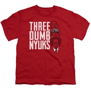 Red youth t-shirt for ages 8 to 12 with The Three Stooges Three Dumb Nyuks graphic