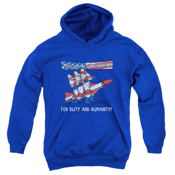 Royal youth hoodie for ages 8 to 12 with The Three Stooges Mission Accomplished graphic