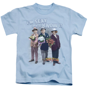 Light blue kid's t-shirt for ages 4 to 7 with The Three Stooges Sexy graphic