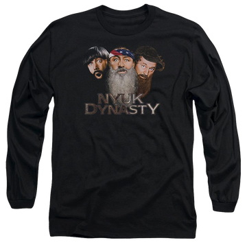 Black men's long sleeve t-shirt with The Three Stooges Nyuk Dynasty 2 graphic