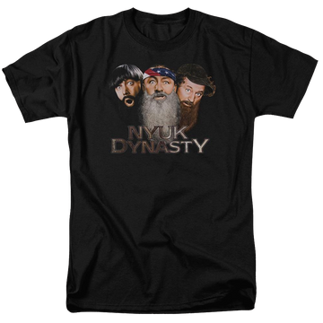 Black men's regular fit t-shirt with The Three Stooges Nyuk Dynasty 2 graphic