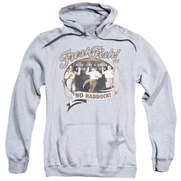 Athletic heather pullover hoodie with The Three Stooges Fresh Fish graphic