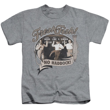 Athletic heather kid's t-shirt for ages 4 to 7 with The Three Stooges Fresh Fish graphic
