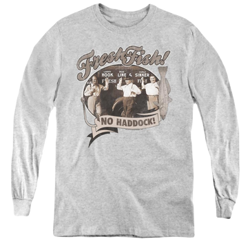 Athletic heather youth long sleeve t-shirt with The Three Stooges Fresh Fish graphic