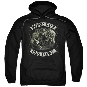 Black pullover hoodie with The Three Stooges Wise Guy Customs graphic