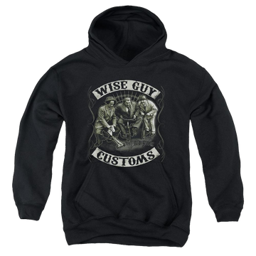 Black youth hoodie for ages 8 to 12 with The Three Stooges Wise Guy Customs graphic