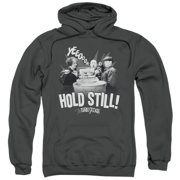 Charcoal pullover hoodie with The Three Stooges Hold Still graphic