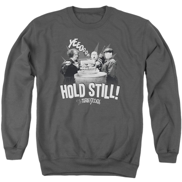 Charcoal men's crewneck sweatshirt with The Three Stooges Hold Still graphic