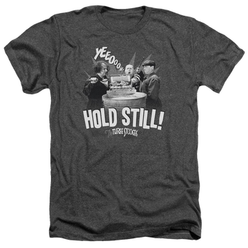 Charcoal men's heather t-shirt with The Three Stooges Hold Still graphic