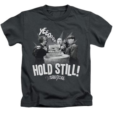 Charcoal kid's t-shirt for ages 4 to 7 with The Three Stooges Hold Still graphic