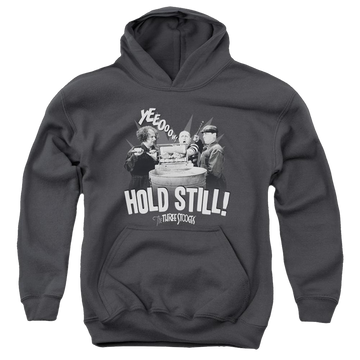 Charcoal youth hoodie for ages 8 to 12 with The Three Stooges Hold Still graphic