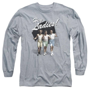 Athletic heather men's long sleeve t-shirt with The Three Stooges Hey Ladies graphic