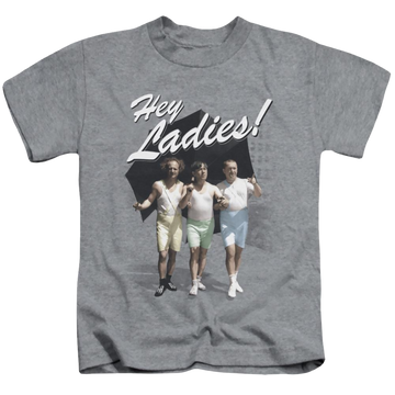Athletic heather kid's t-shirt for ages 4 to 7 with The Three Stooges Hey Ladies graphic