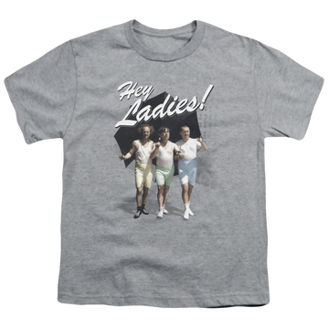 Athletic heather youth t-shirt for ages 8 to 12 with The Three Stooges Hey Ladies graphic