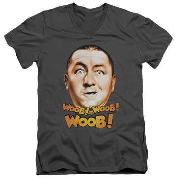 Charcoal men's v-neck t-shirt with The Three Stooges Woob Woob graphic