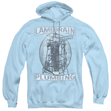 Light blue pullover hoodie with The Three Stooges Lamebrain Plumbing graphic