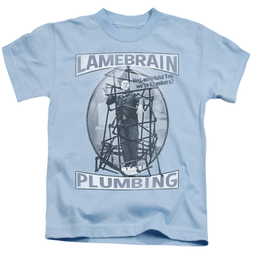 Light blue kid's t-shirt for ages 4 to 7 with The Three Stooges Lanebrain Plumbing graphic
