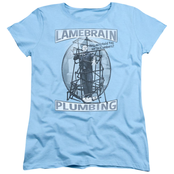 Light blue women's t-shirt with The Three Stooges Lanebrain Plumbing graphic
