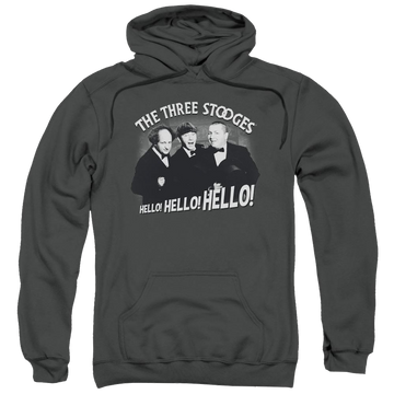 Charcoal pullover hoodie with The Three Stooges Hello Again graphic