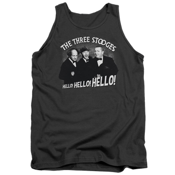 Charcoal men's tank with The Three Stooges Hello Again graphic