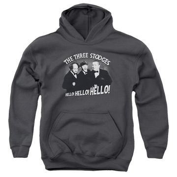 Charcoal youth hoodie for ages 8 to 12 with The Three Stooges Hello Again graphic