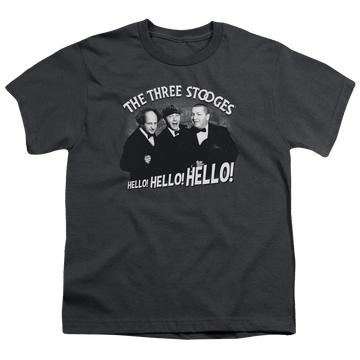 Charcoal youth t-shirt for ages 8 to 12 with The Three Stooges Hello Again graphic