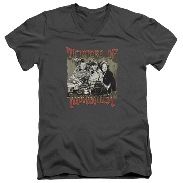 Charcoal men's v-neck t-shirt with The Three Stooges Moronica graphic