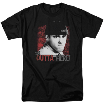 Black men's regular fit t-shirt with The Three Stooges Get Outta Here graphic