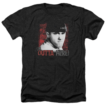Charcoal men's heather t-shirt with The Three Stooges Get Outta Here graphic