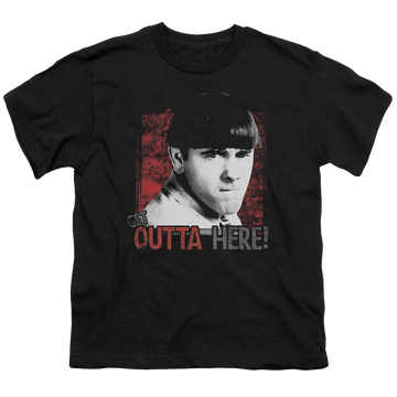 Black youth t-shirt for ages 8 to 12 with The Three Stooges Get Outta Here graphic