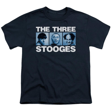 Navy youth t-shirt for ages 8 to 12 with The Three Stooges Three Squares graphic