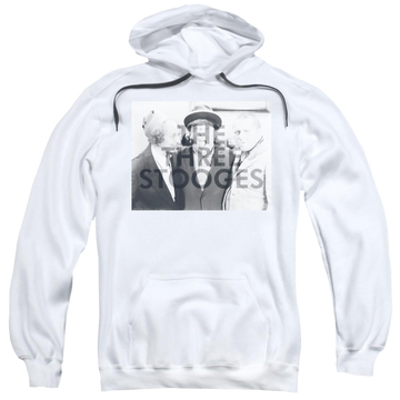 White pullover hoodie with The Three Stooges Cutoff graphic